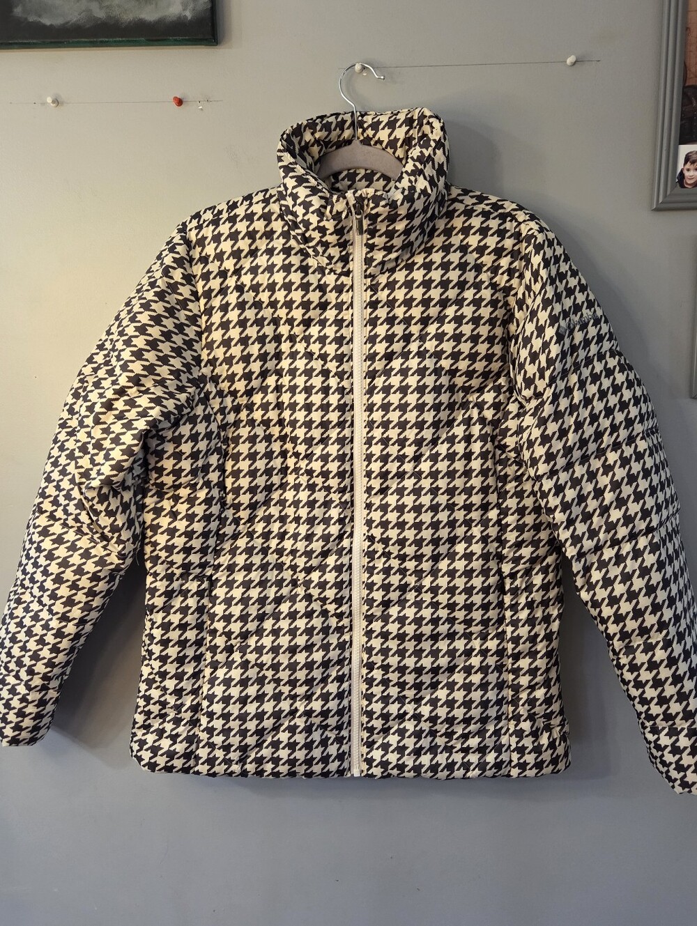 Columbia Houndstooth Icy Heights lI Puffer Down Jacket Size Large Cream/Brown